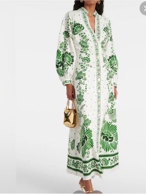 Magaschoni White Maxi Dress with Green Floral Print